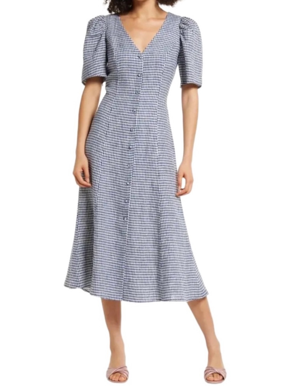 Women’s Reformation Newbury Gingham Print Button Front Linen Midi Dress Size 4